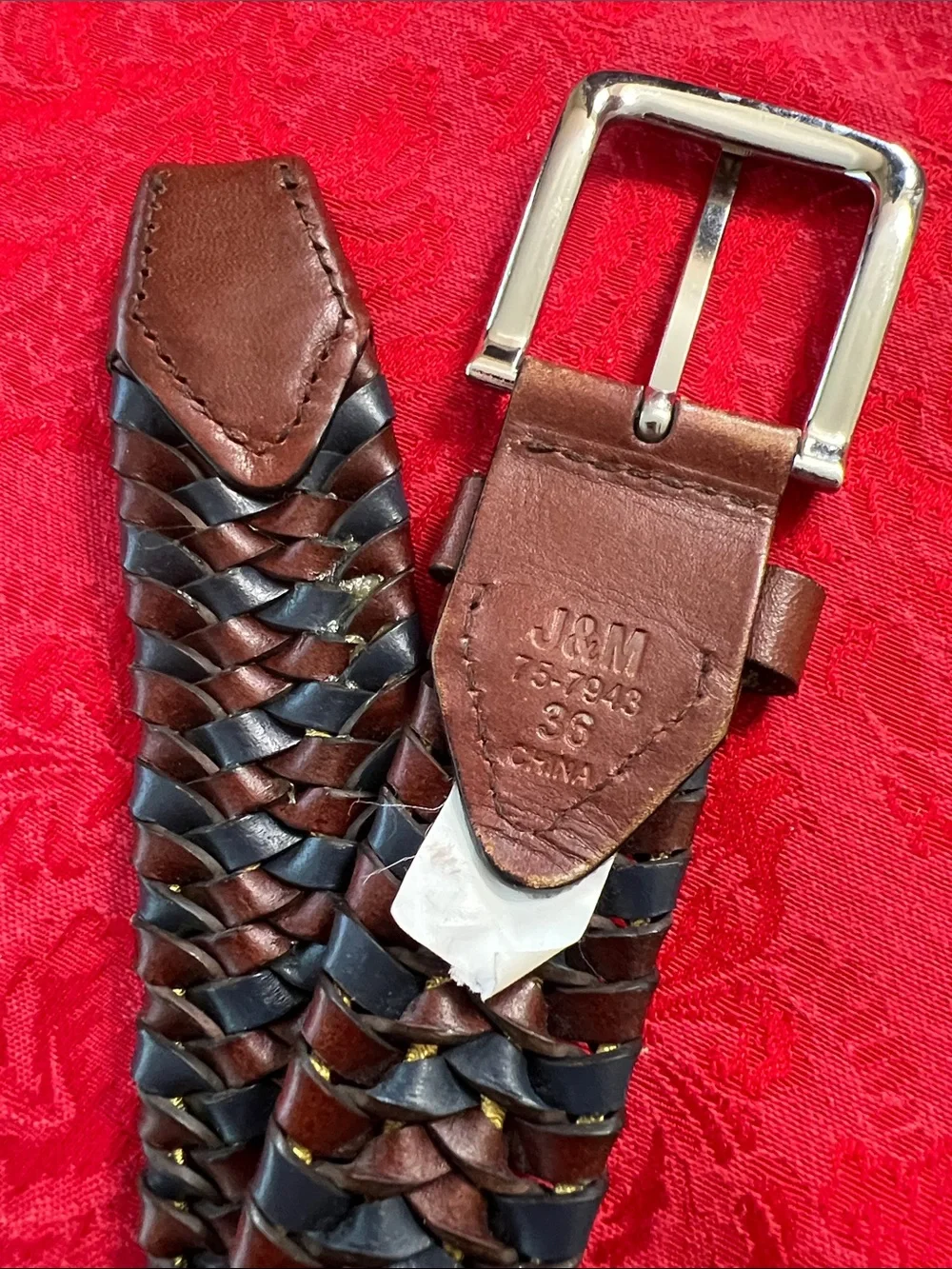Johnston & Murphy Men’s Size 36 Woven Leather Belt Navy Burgundy Made in USA